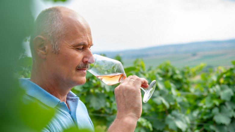 Man smelling a glass of wine in a vineyard.