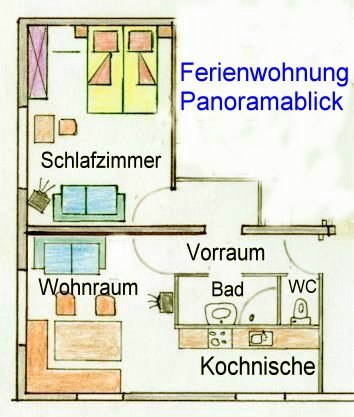 Floor plan of a vacation apartment with bedroom, living room, anteroom, bathroom, WC and kitchenette.
