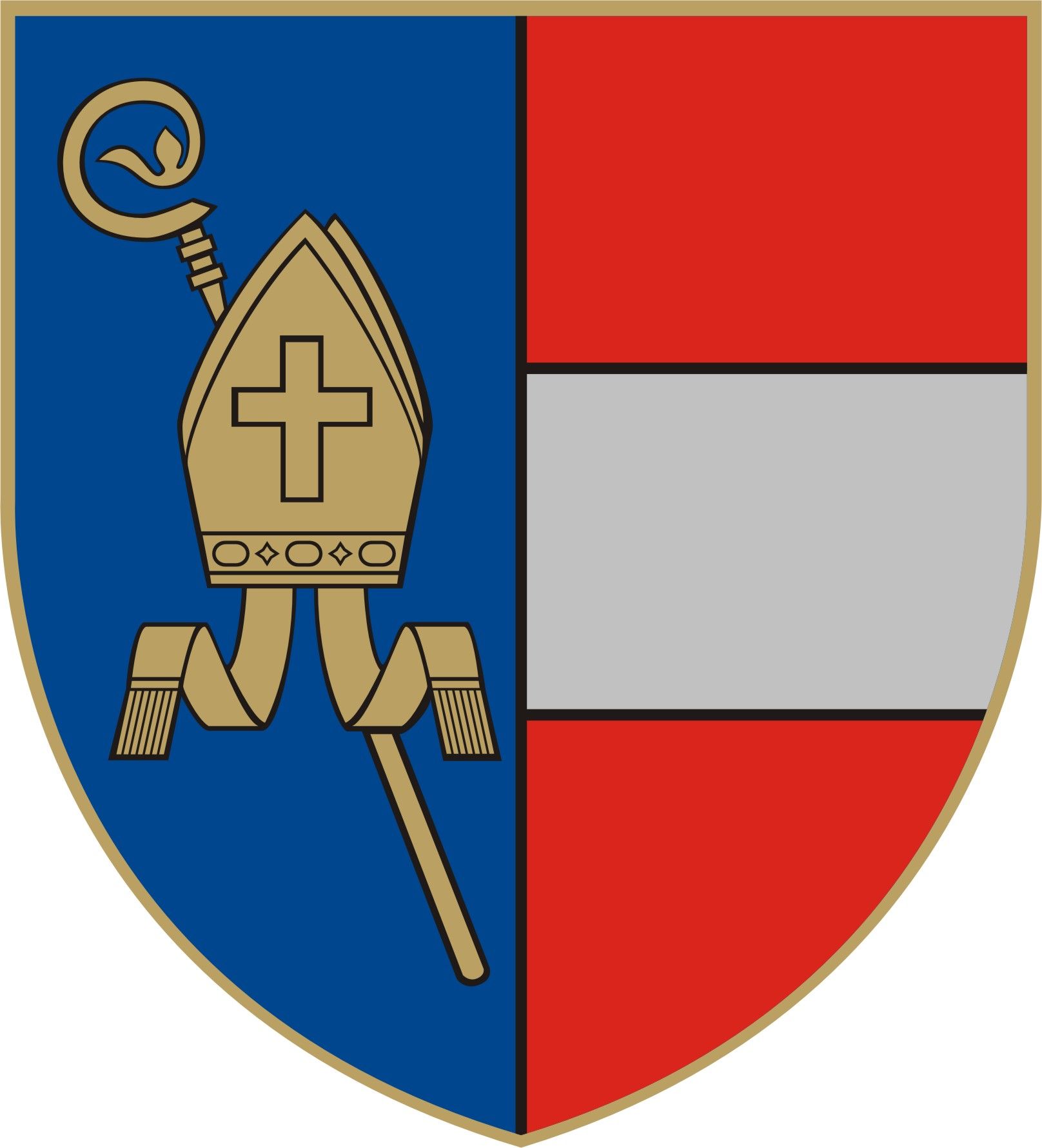 Coat of arms of Ruprechtshofen with bishop's mitre and crozier on a blue background, next to it a red-white-red field.