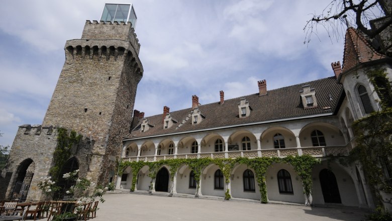 A historic castle courtyard with a stone tower and a building with arcades and climbing plants.