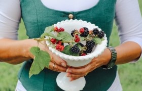 One person is holding a white bowl with blackberries and leaves.