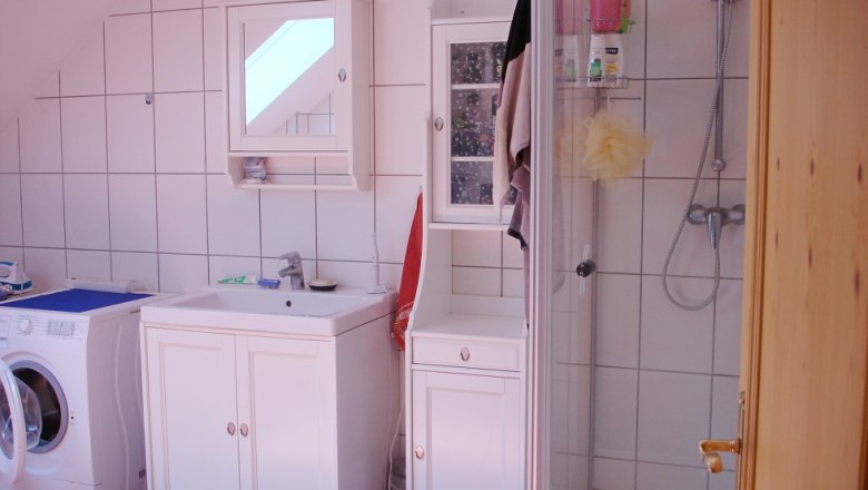 Bathroom with washing machine, washbasin, mirror and shower.