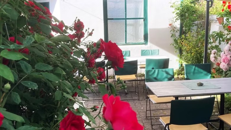 A cozy outdoor area of a caf&eacute; with tables, chairs and red roses under a parasol.