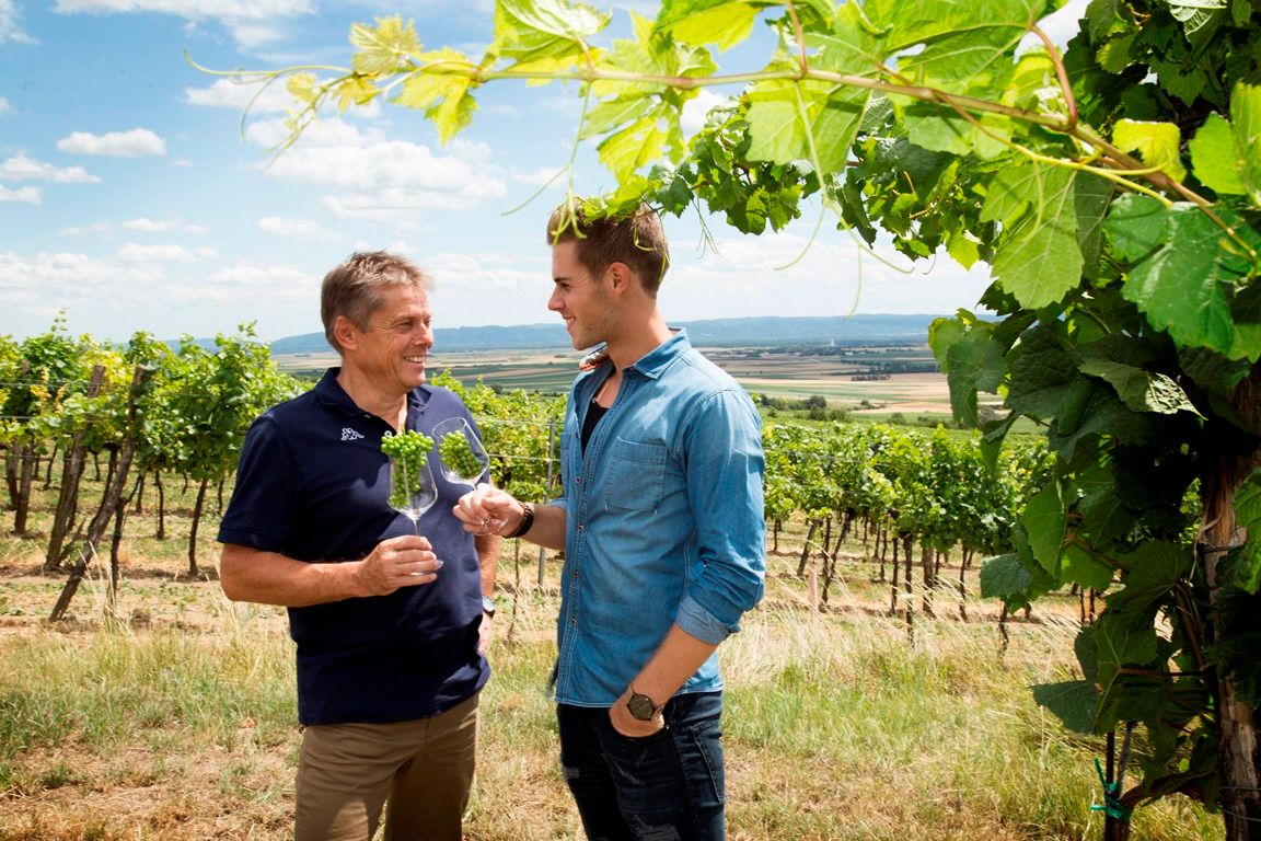Two men are standing in a vineyard holding glasses of wine with grapes. Vines and a vast landscape can be seen in the background.