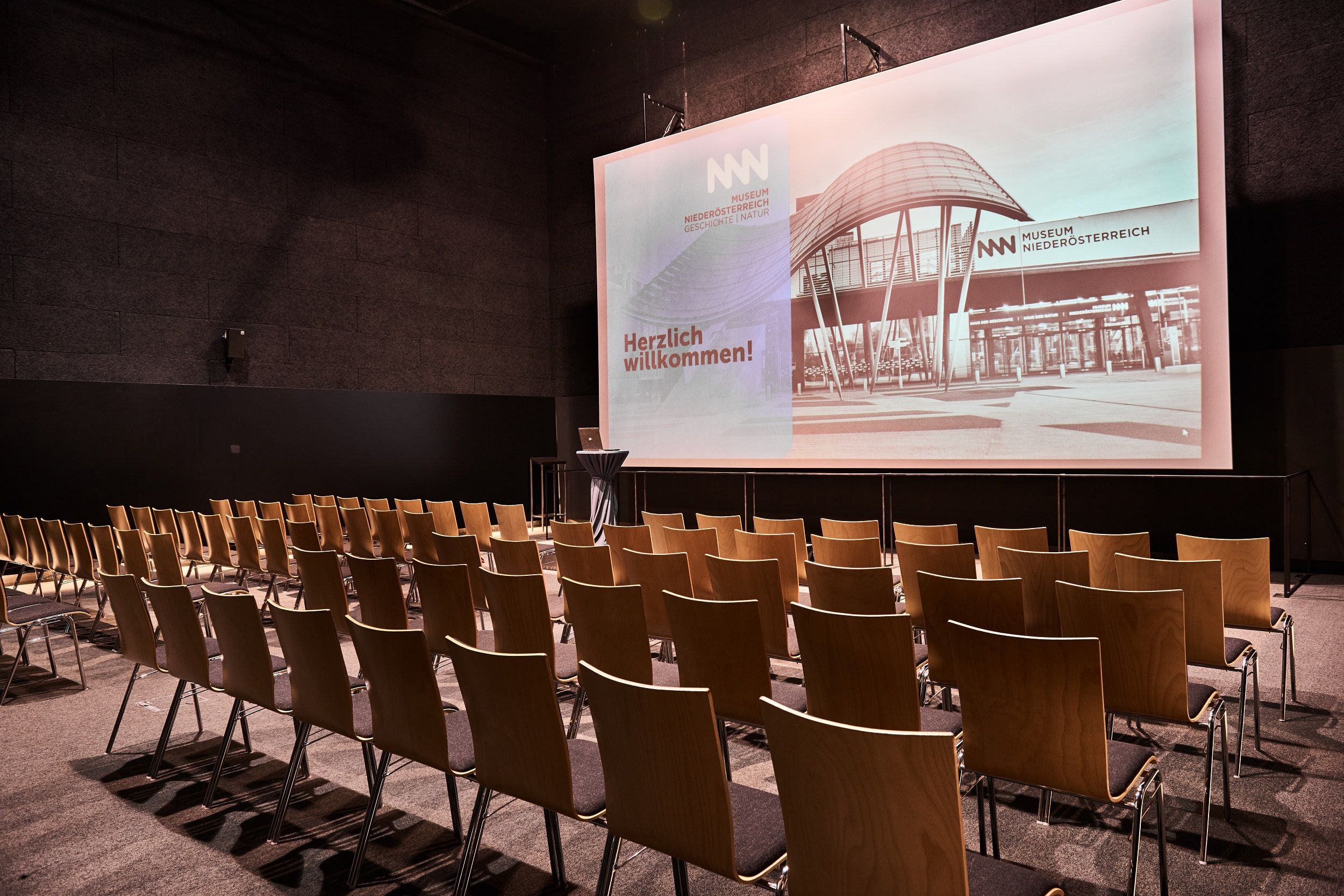 Empty cinema hall in the Museum Niederösterreich with rows of chairs and a large screen.