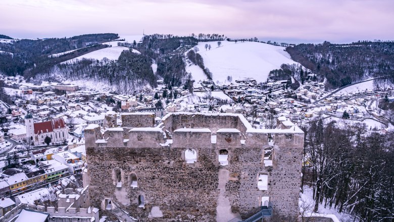 Winter view of Kirchschlag castle ruins with snow-covered landscape in the background.
