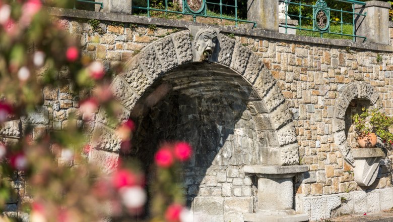 Stone fountain with gargoyle in the shape of a face in the castle park.
