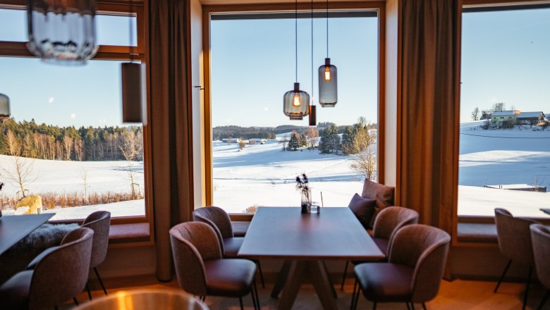 Interior view of a modern restaurant with large windows and a view of a snow-covered landscape.