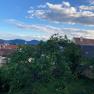 View over roofs and trees to hills and blue sky with clouds.