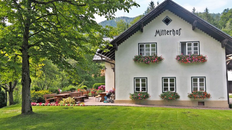 A traditional farmhouse called Mitterhof, surrounded by green countryside and flowerbeds.