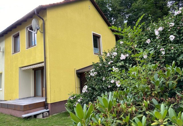 Yellow house with terrace and flowering shrubs in the foreground.