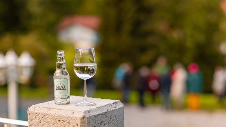 Bottle and glass with Silva Verjus drink on a concrete pillar, blurred people in the background.