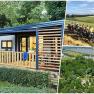 Mobile home from the outside standing on a green meadow with terrace, inset of photo with cyclists and campsite from above
