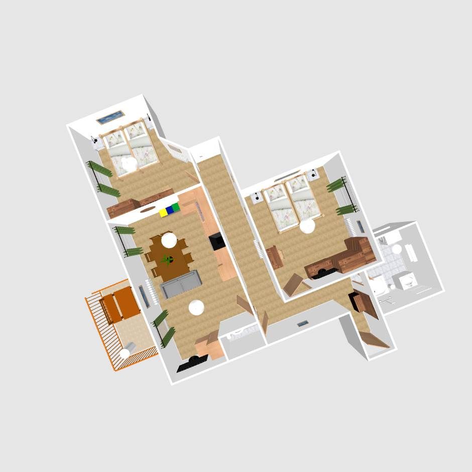 3D floor plan of a vacation apartment with two bedrooms, living room, kitchen and balcony.