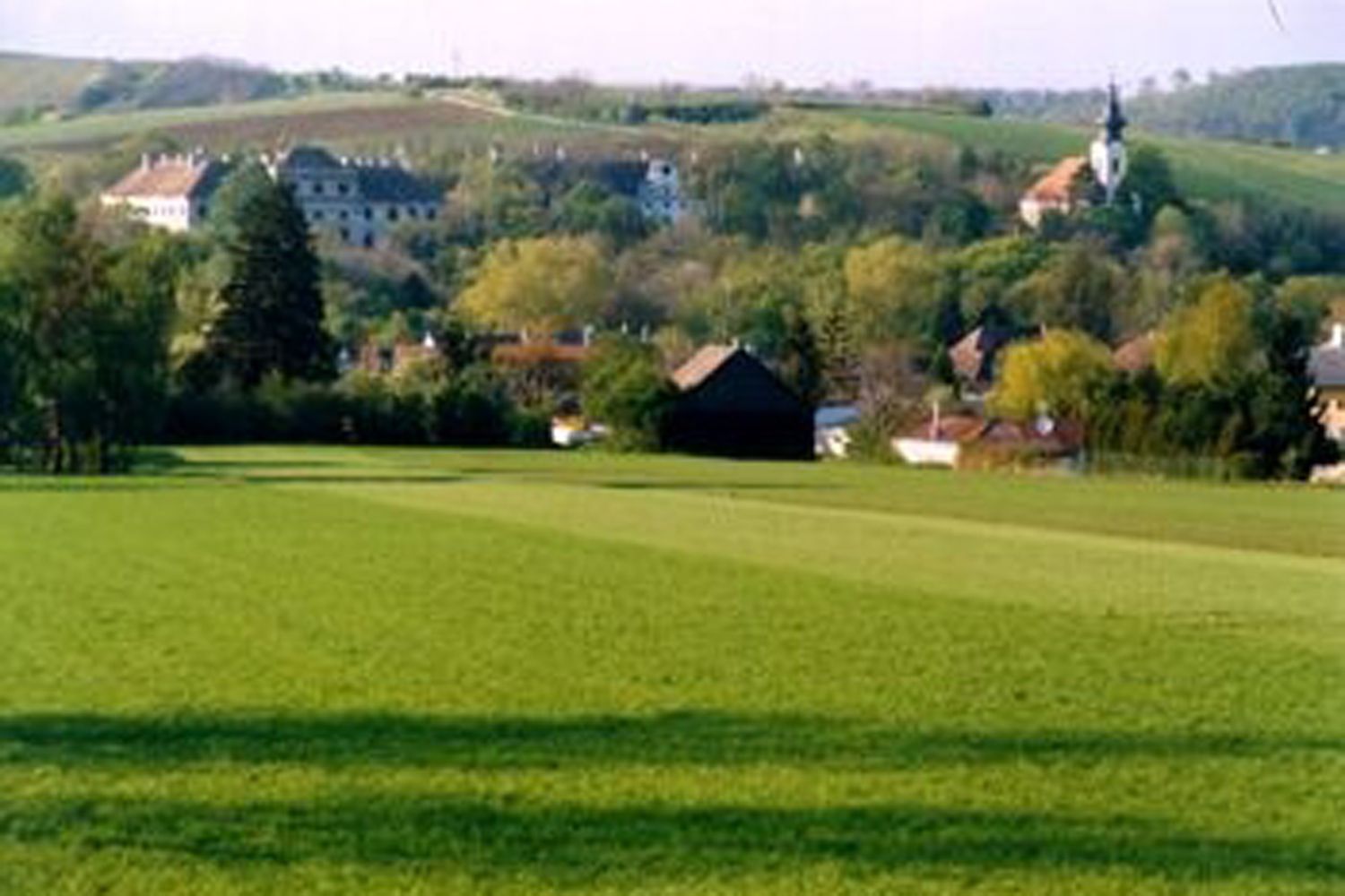 Green meadows with village and church in the background.