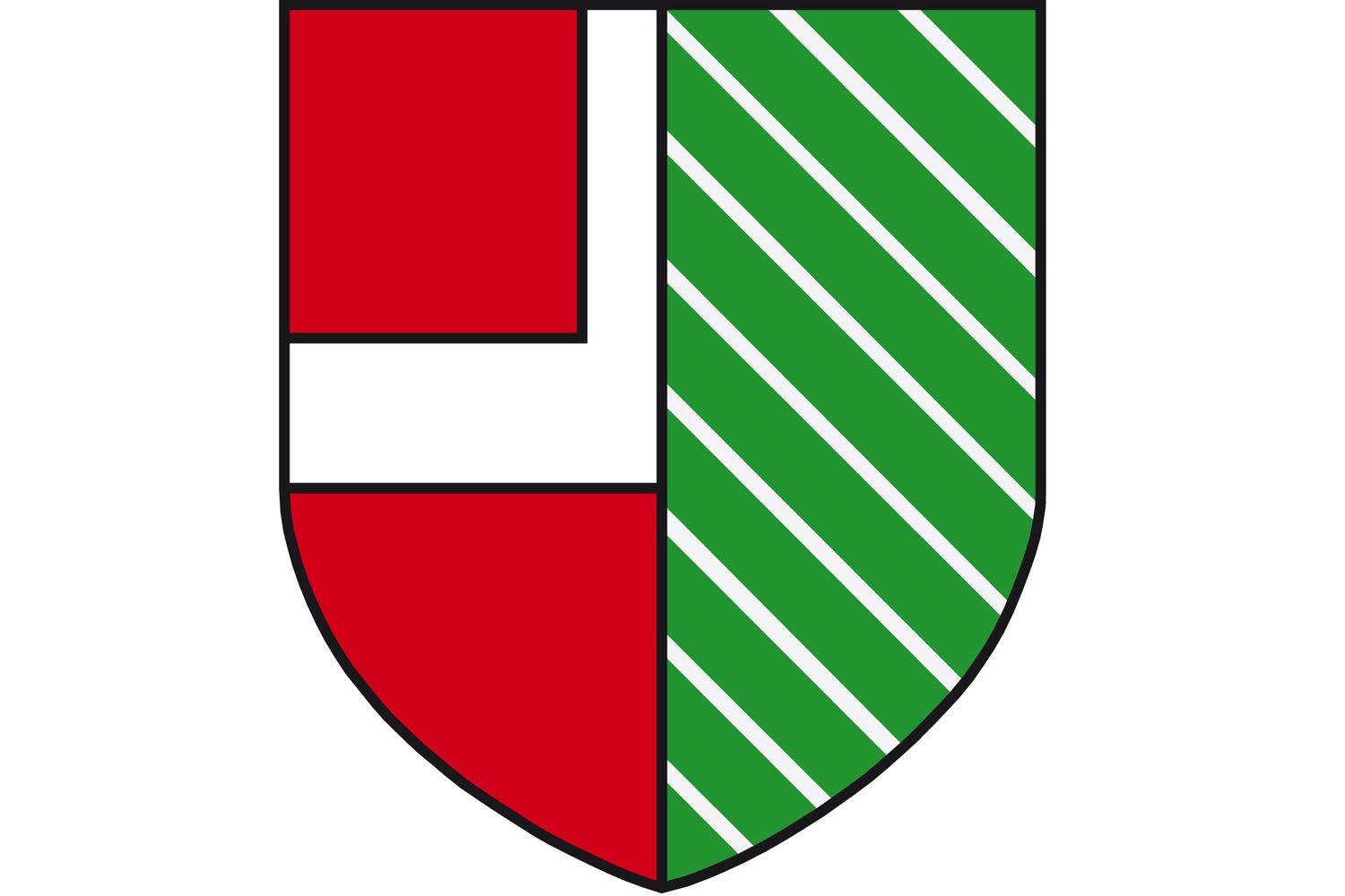 A coat of arms with a red and green background, separated by a white line. On the left a red field with a white bar, on the right green diagonal stripes.