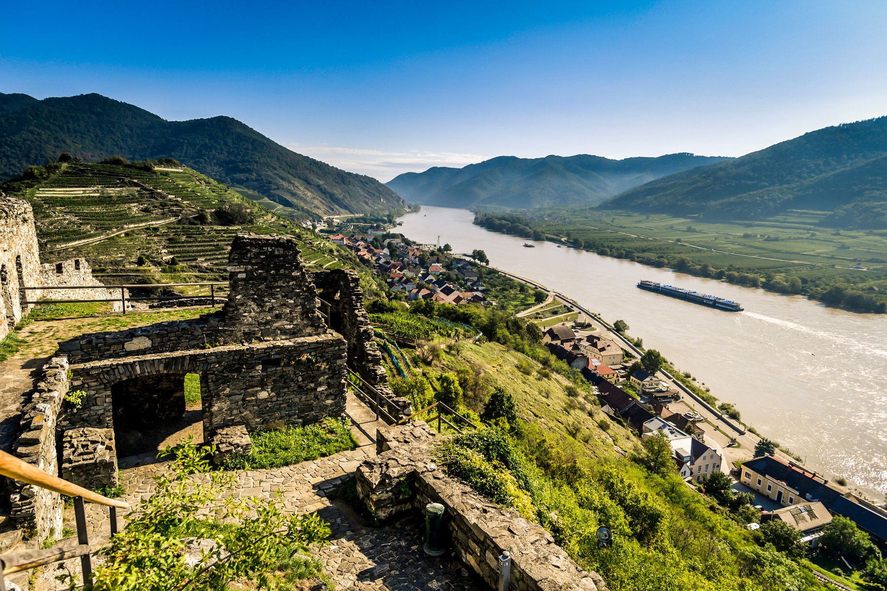 View of the Danube and surrounding countryside from the Hinterhaus ruins in Spitz, Austria.
