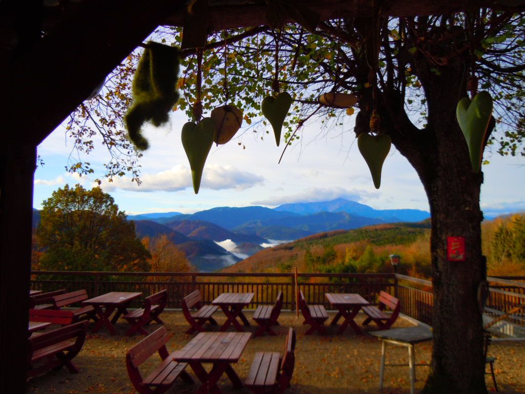 Terrace with wooden tables and benches, surrounded by trees, with a view of wooded mountains and clouds on the horizon.