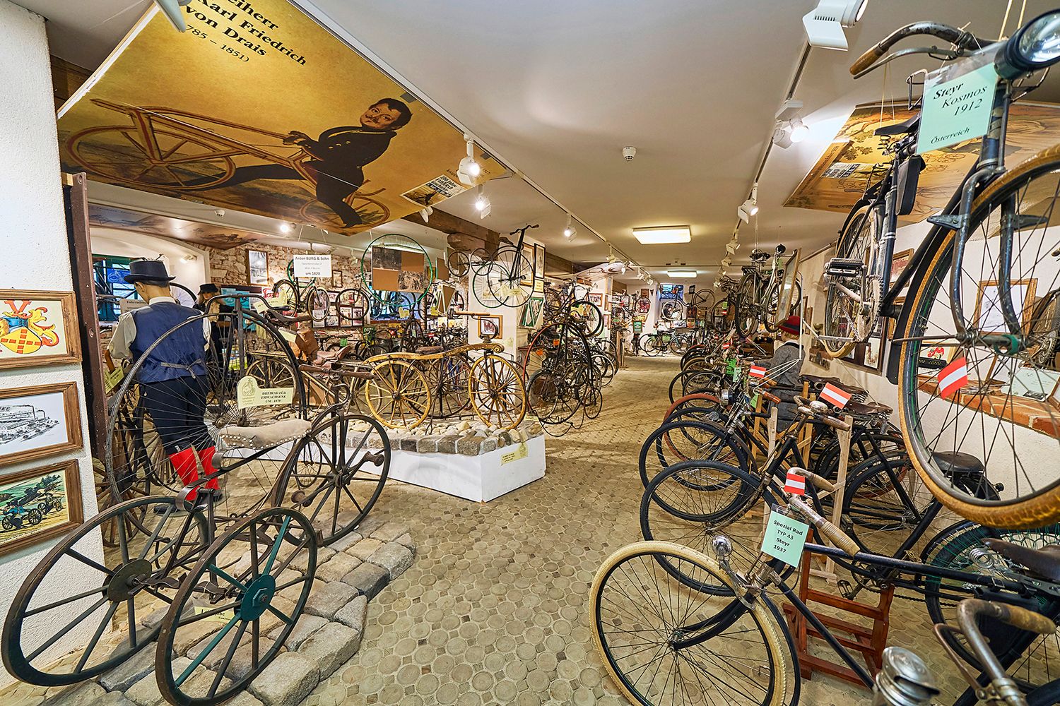 Interior view of the Retz Bicycle Museum with historic bicycles and exhibits.