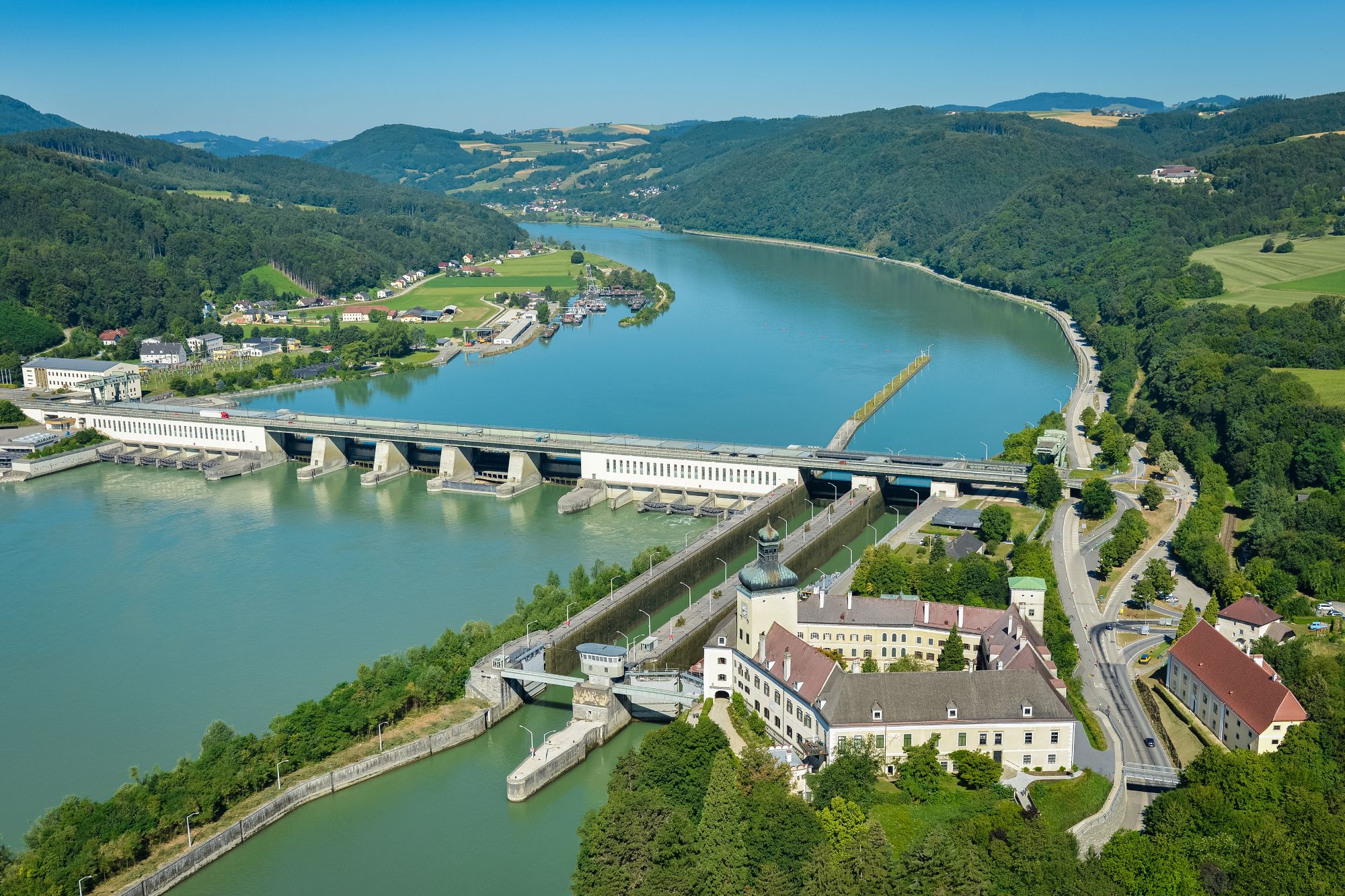 Aerial view of the Danube power plant Ybbs-Persenbeug on the Danube.
