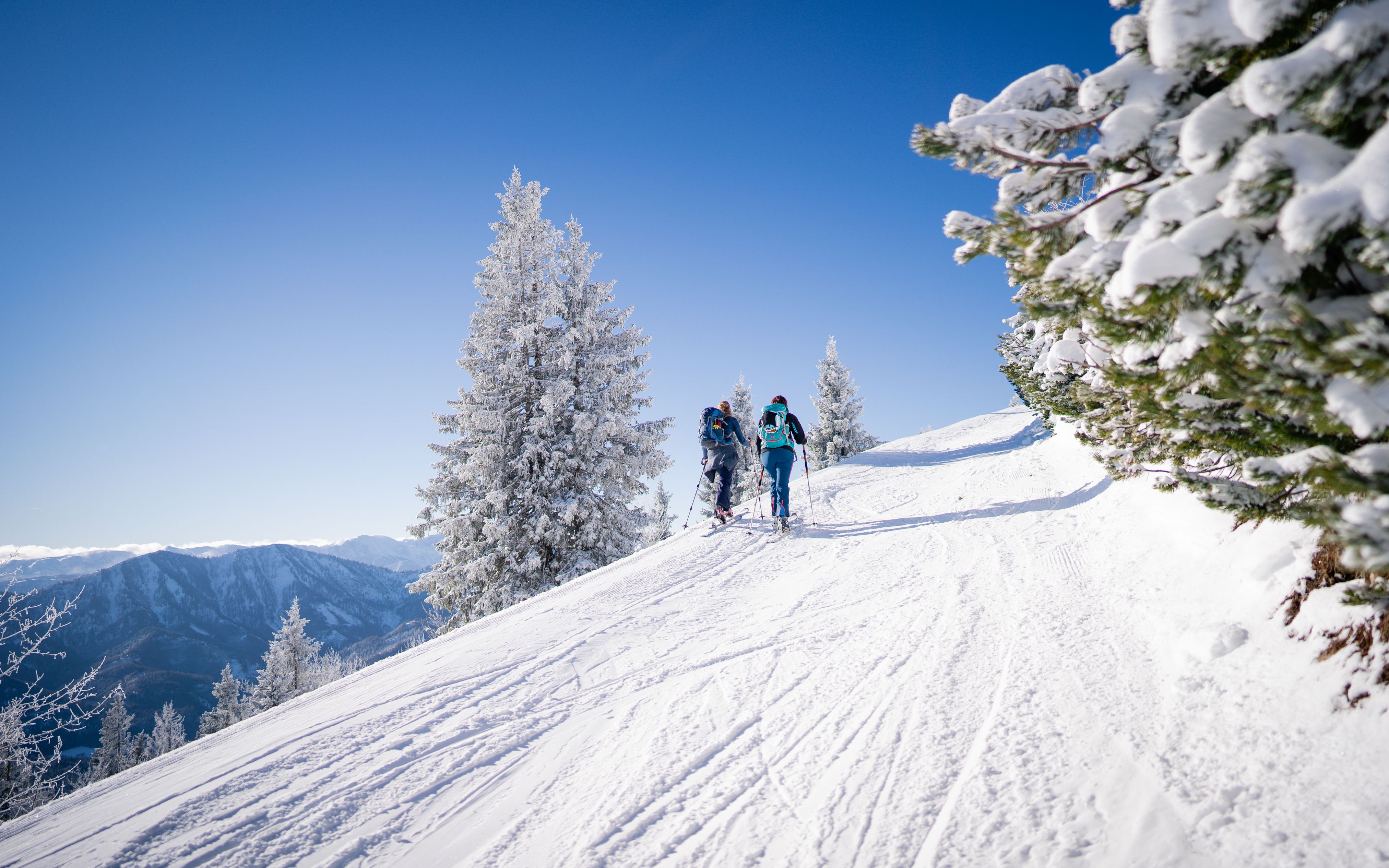 Snowboarder jumping over a yellow obstacle in the Gemeindealpe snowpark in the sunshine.