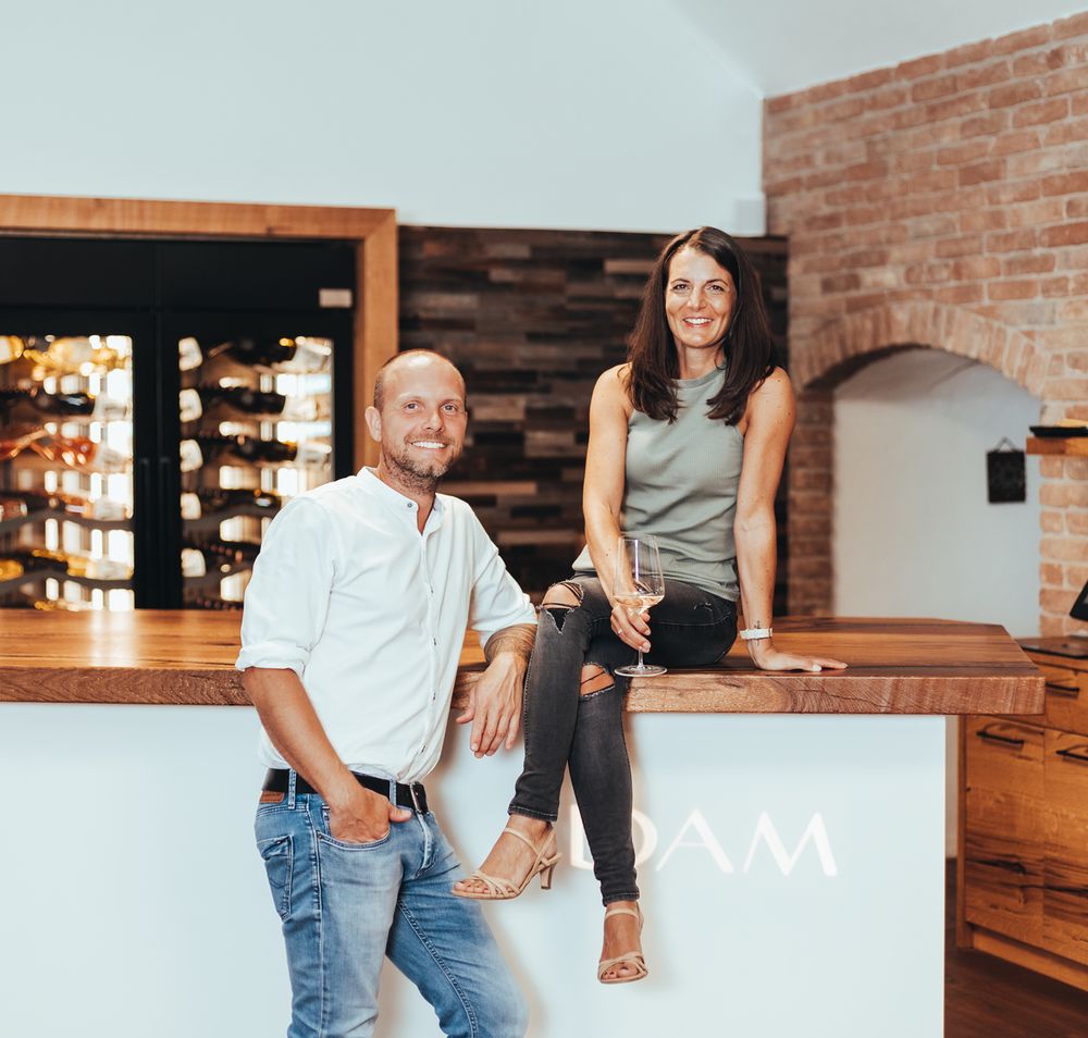 Two people in a modern wine bar, a woman sitting on the counter, a man leaning against it. Wine racks and glasses in the background.