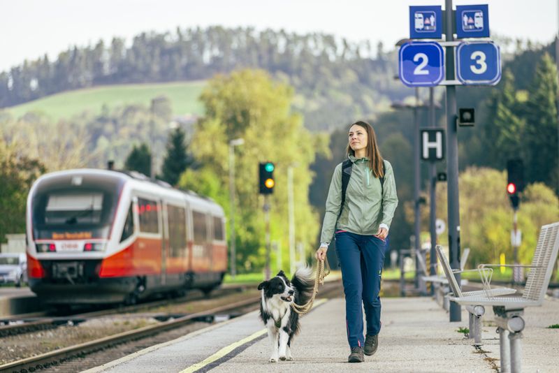 Woman with dog on platform, train in the background.