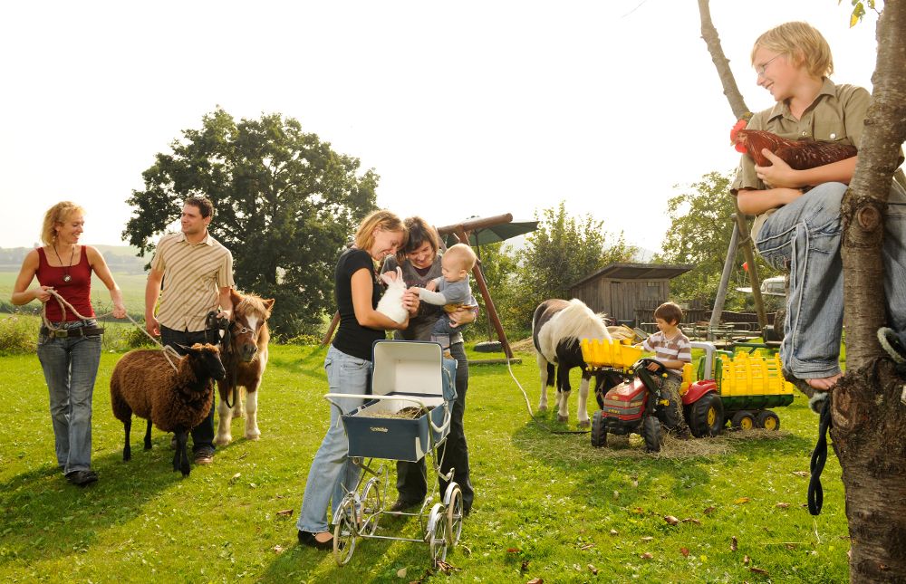 Family on a farm with animals and toy tractors.