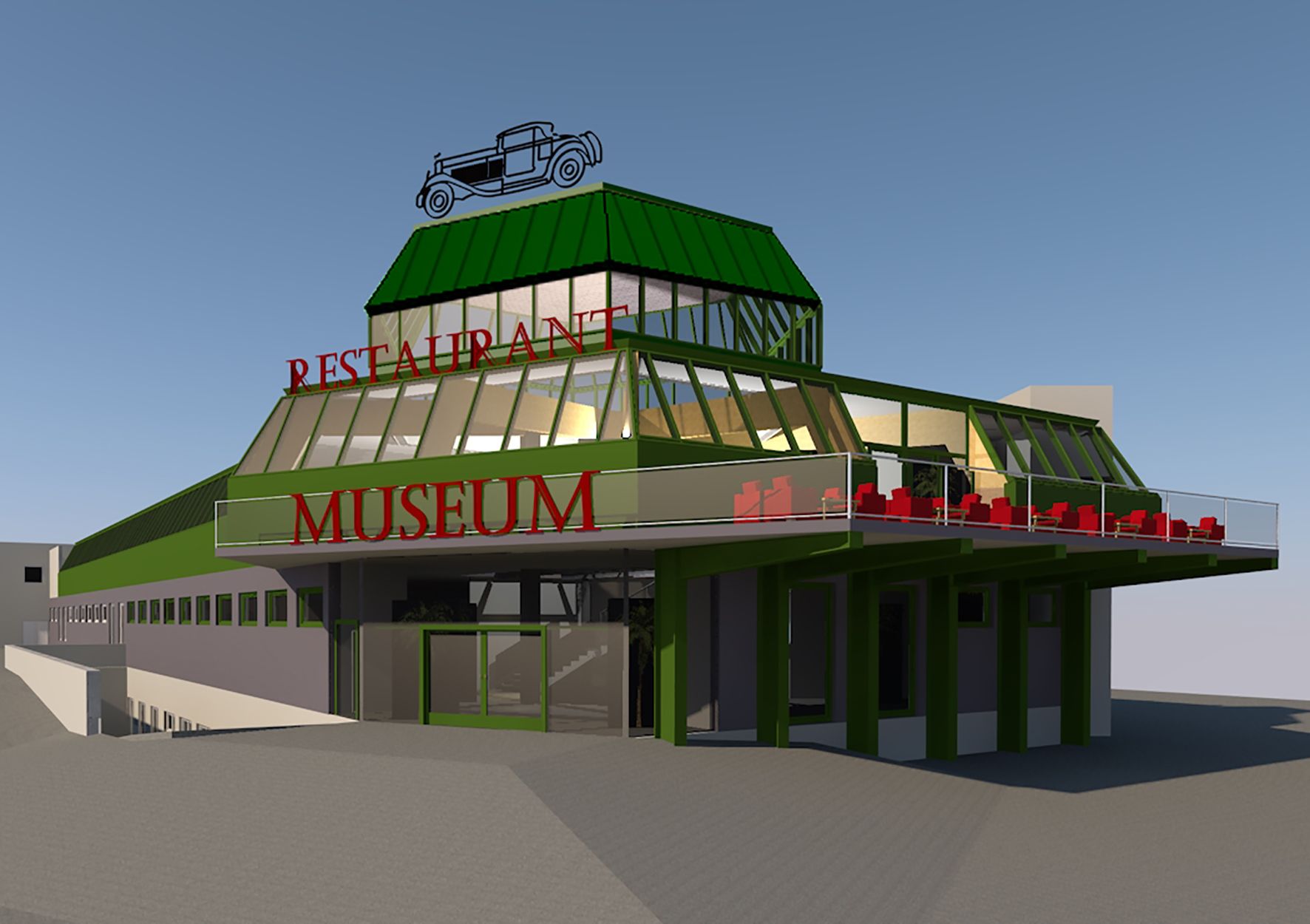 Building with green roof, inscription 'Restaurant' and 'Museum', vintage car symbol on the roof.
