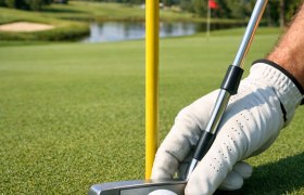 A golfer with a glove puts a golf ball into a hole on a manicured green with a yellow flagstick.