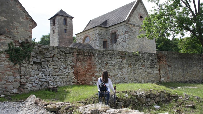 A person stands in front of an old stone wall with buildings in the background.