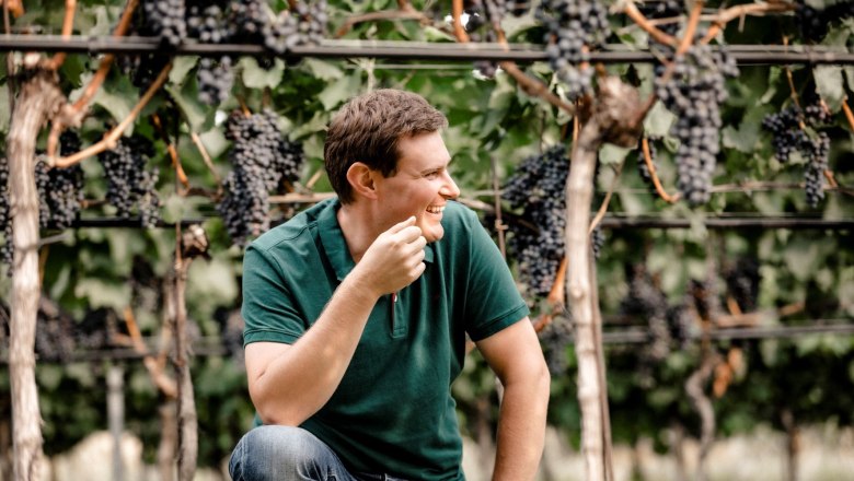 Man in a vineyard, surrounded by grapes, smiling and looking to the side.