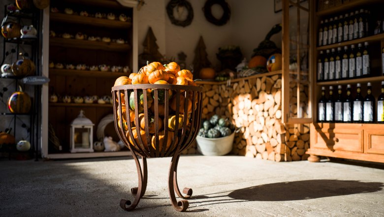 Basket of pumpkins in the farm store