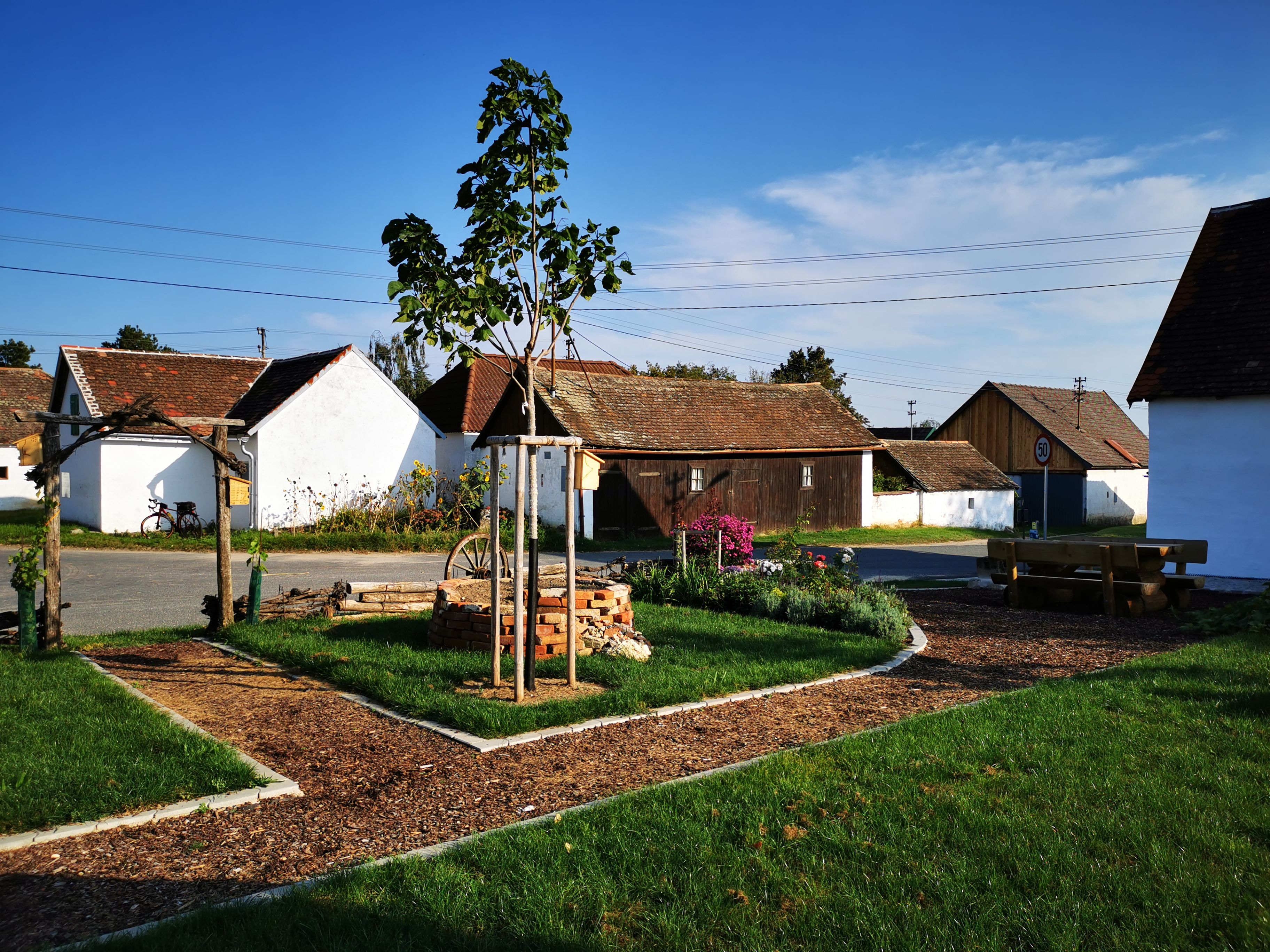 A rural courtyard with white buildings, a small garden and a tree under a blue sky.