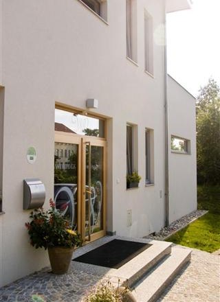 Entrance of a modern building with glass and wooden door, flowers in a pot and steps.