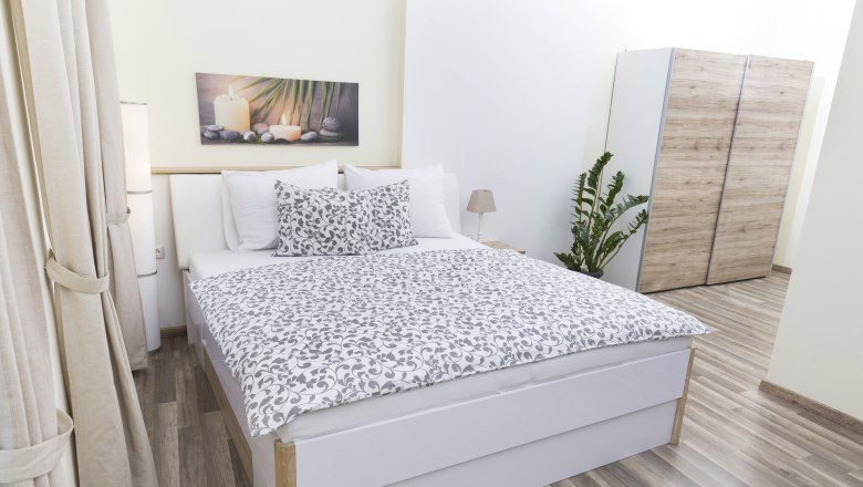 Modern bedroom with double bed, plants and wardrobe.