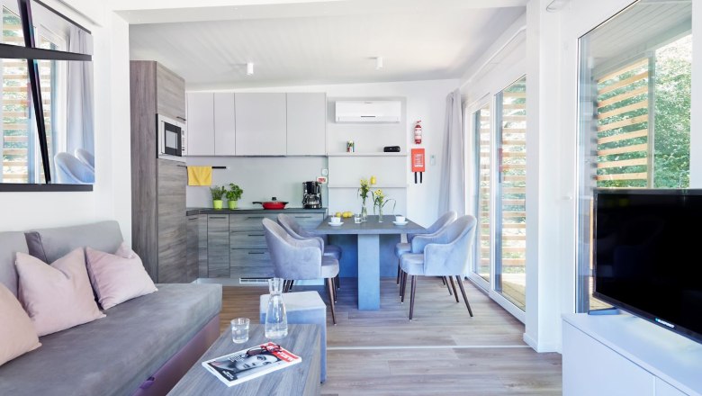 Mobile home eat-in kitchen with gray couch and white kitchenette and flat screen TV