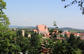 Panoramic view of Eggenburg with church and surrounding buildings, surrounded by trees and hills in the background.