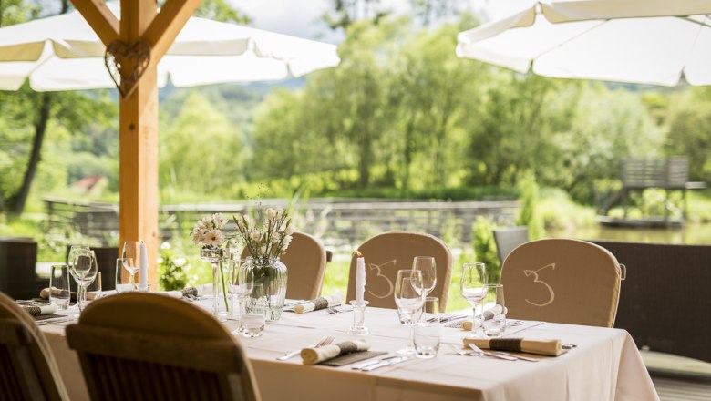 Outdoor table with a view of a pond and trees.