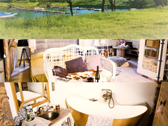 Collage of landscape, living area and bathroom.