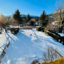 Snow-covered garden with trees and houses in the background in the sunshine.
