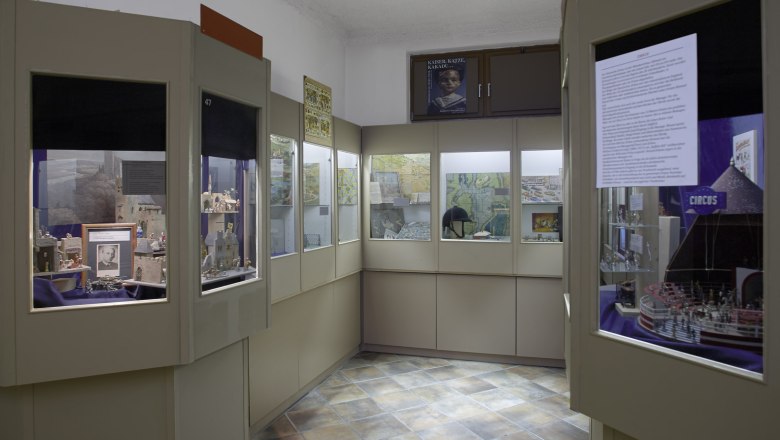 Interior view of a museum with display cases full of pewter figures and historical maps.