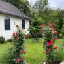 A rose arch with red roses in front of a chapel with colorful windows and a green garden.
