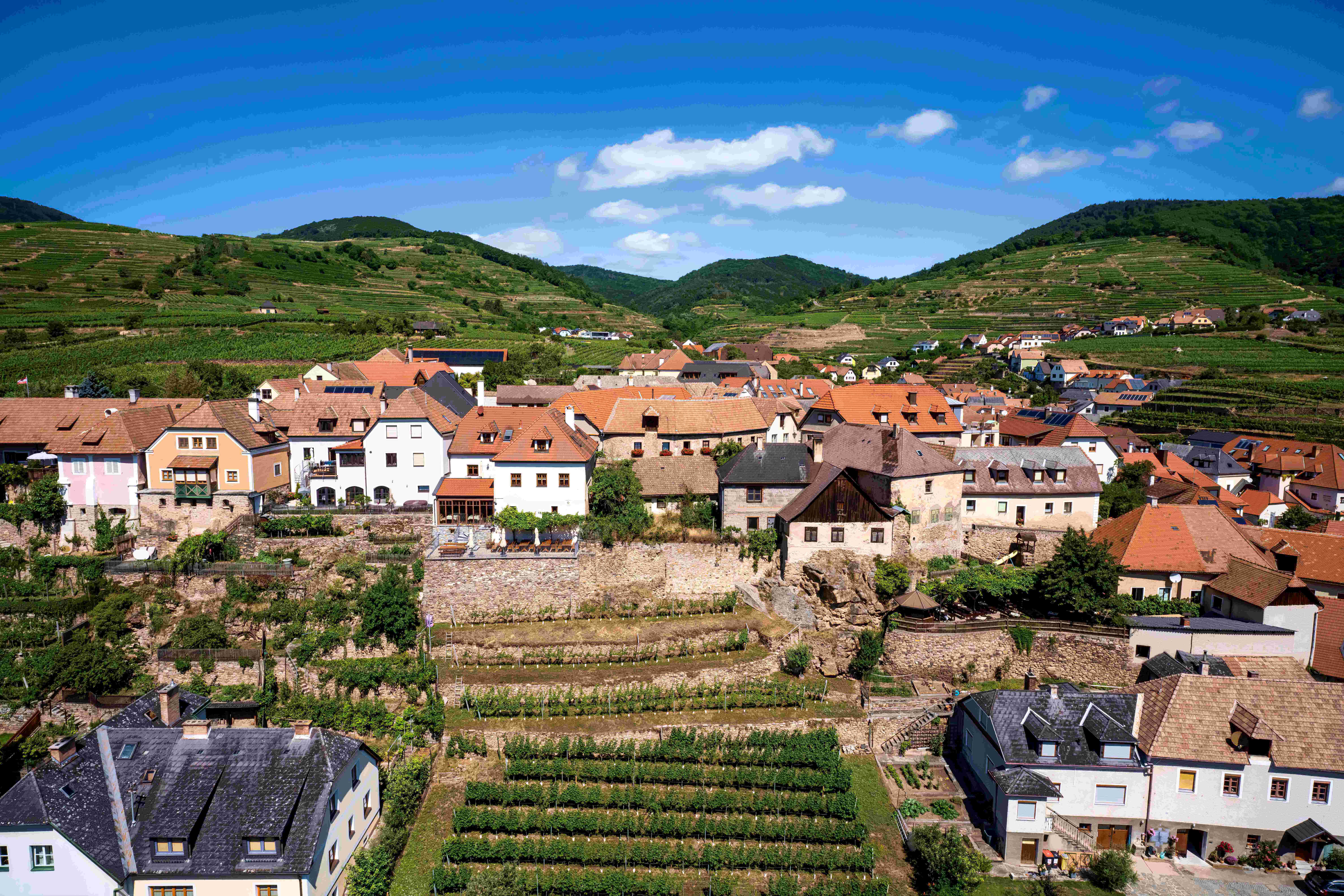 View of Weißenkirchen with the district of Burg with numerous houses, a vineyard and hills in the background