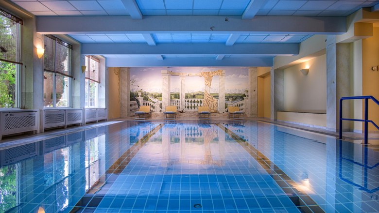 Interior view of an indoor swimming pool with blue water and wall painting.