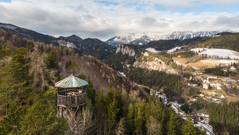 Observation tower in the forest with mountain landscape in the background.
