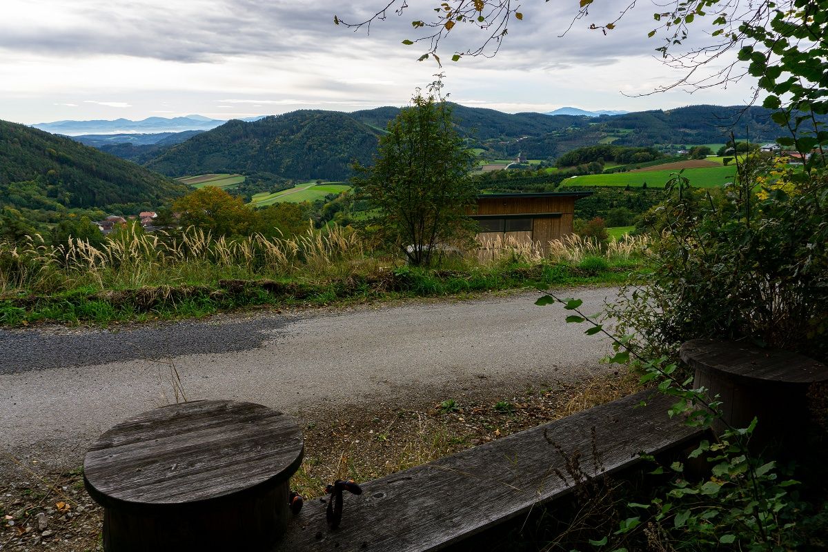 Station 11 of the Stone and Time theme trail - view of the Alpine foothills, Schneeberg and Ötscher