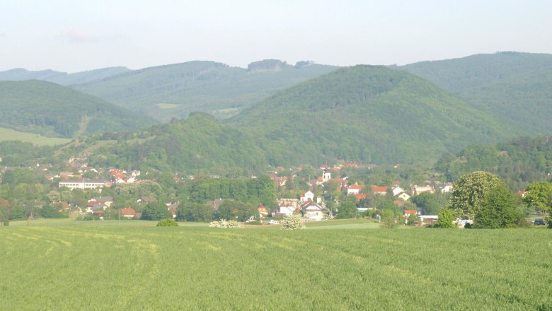 Landscape view of Alland with green fields and wooded hills in the background.