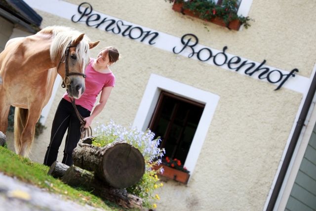 A woman stands with a horse in front of a building labeled 'Pension Bodenhof'.