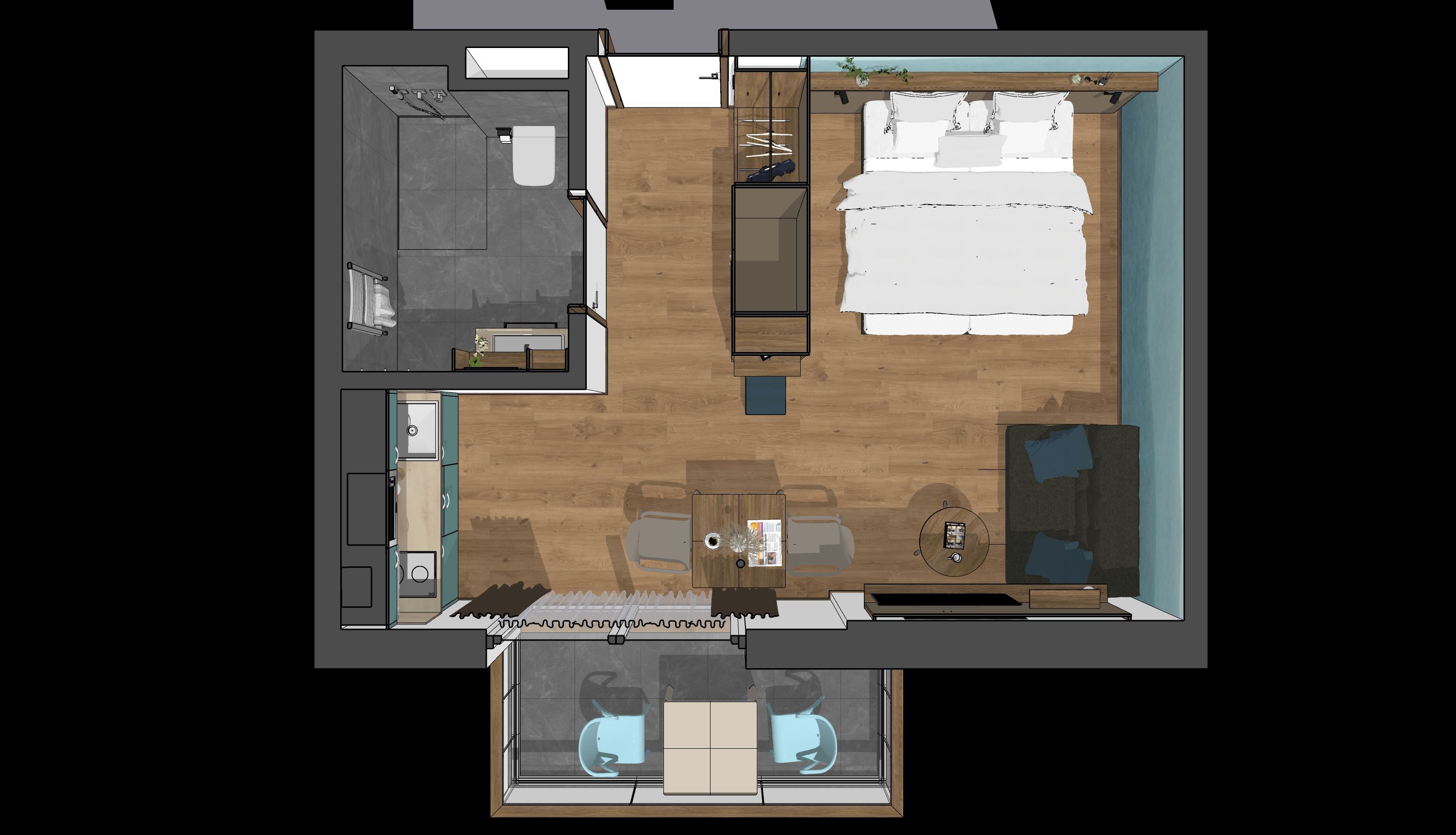 Floor plan of a modern one-room apartment with bathroom, kitchen, living and sleeping area.